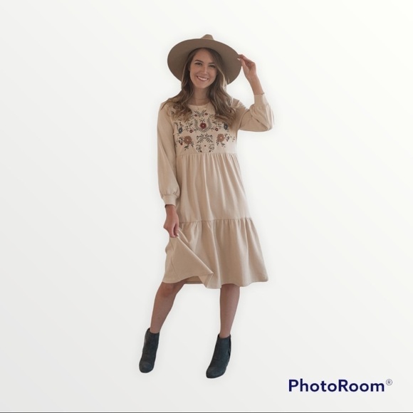 NEW POLAGRAM Long Sleeve Embroidered Tiered Midi Dress, Size Large - Picture 1 of 10